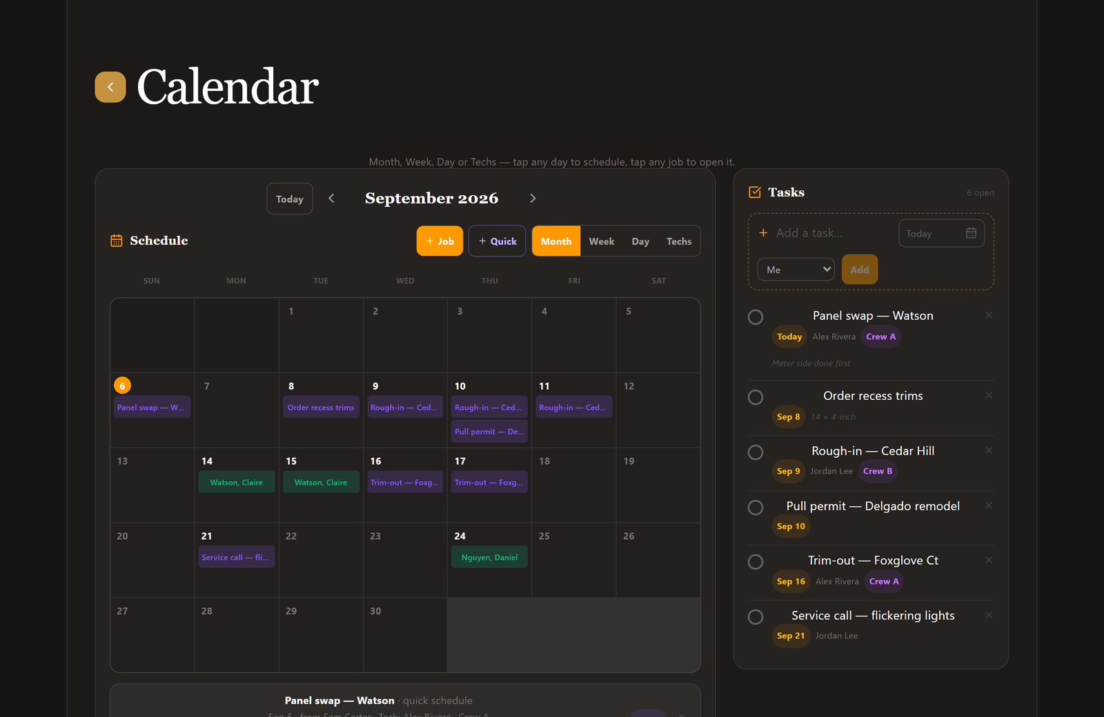 HouseFilez calendar — Google-style month view with jobs and a tasks panel