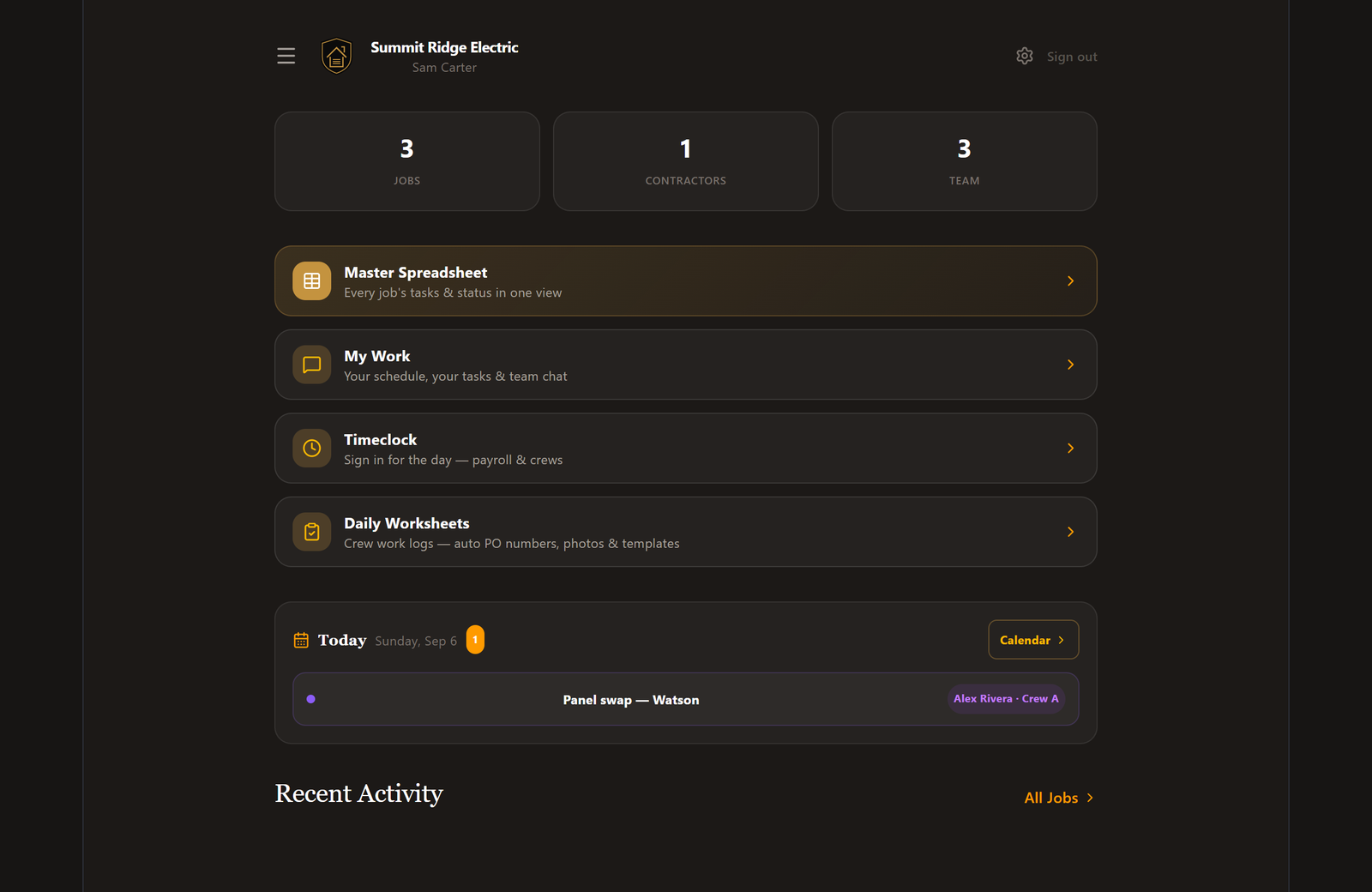 HouseFilez dashboard — job counts, timeclock, daily worksheets and today's schedule