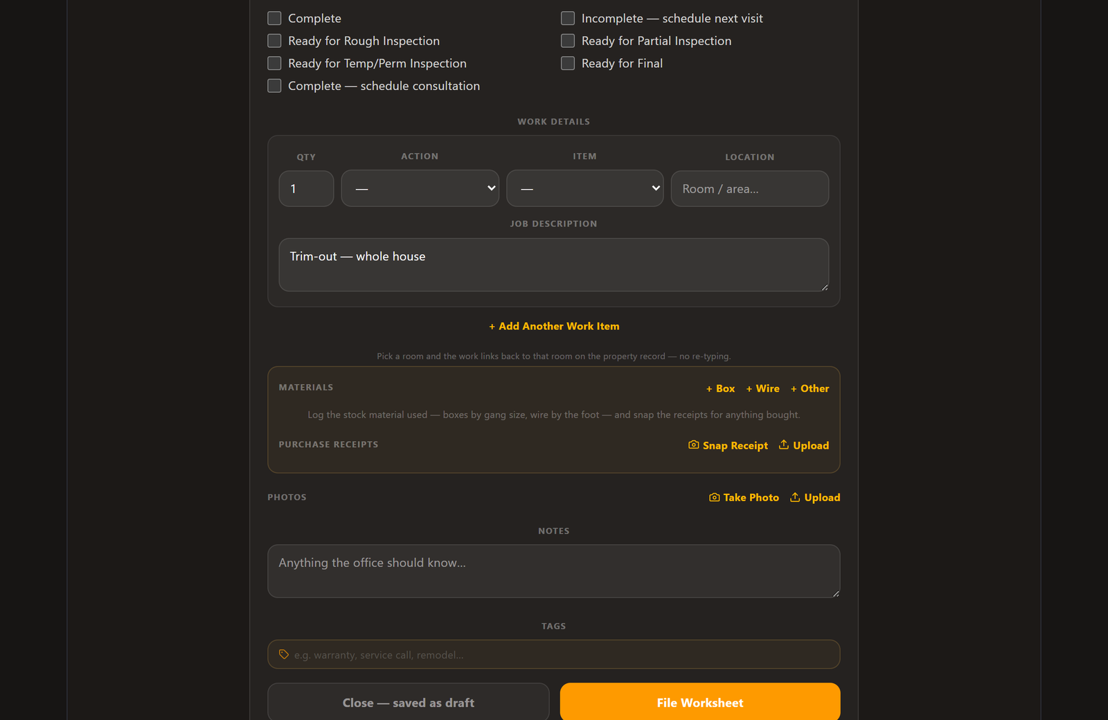HouseFilez daily worksheet — work details, materials quick-adds, receipts, photos and File Worksheet